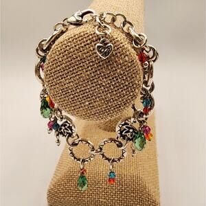 Brighton Lotus Bracelet Colorful Glass Dangle Charms Faceted Beads Heart Clasp